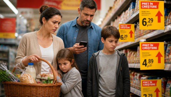 A realistic and emotionally evocative photograph of a Romanian family of four standing in a brightly lit supermarket aisle, looking concerned at rising price tags on shelves. The mother holds a wicker shopping basket filled with basic groceries — bread, milk, eggs, vegetables — while the father checks a smartphone showing a budget calculator app. A small child clings to the mother's leg. In the background, large yellow and red price labels with upward arrows are clearly visible on shelves stocked with packaged food. The lighting is warm but the mood is tense, conveying financial pressure. The composition uses a shallow depth of field focusing on the family, with the supermarket environment softly blurred. Shot in documentary photojournalism style, natural colors, high resolution, 4K quality, suitable for a financial news article cover image.
