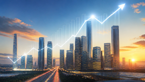 A futuristic, clean, and optimistic cityscape at dawn or dusk, with modern high-rise buildings and subtle, glowing financial charts or upward-trending arrows overlaid, symbolizing growth and market analysis. The scene should convey stability and opportunity in the real estate sector. High quality, realistic, cinematic lighting.