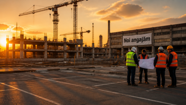 A photorealistic wide-angle image of a large Romanian construction site at golden hour, with partially built concrete structures, towering cranes against an orange sky, and a few workers in hard hats and high-visibility vests inspecting blueprints. In the background, a closed industrial factory with 'Noi angajăm' (We are hiring) banner hanging on its facade. Empty parking spaces in the foreground symbolize the missing workforce. Cinematic lighting, ultra-detailed, professional photography style, 16:9 aspect ratio, suitable for editorial article cover.