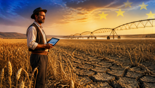 A wide-angle cinematic photograph of a Romanian rural landscape in summer, showing a vast golden wheat field in the foreground with visible cracks in the dry soil, symbolizing drought and climate change. In the middle ground, a Romanian farmer in traditional work clothes stands looking thoughtfully at the parched land, holding a tablet displaying agricultural subsidy data. In the background, modern center-pivot irrigation systems contrast with the dry earth, and a subtle overlay of the European Union flag colors (blue and yellow) blends into the warm sunset sky. Golden hour lighting, photorealistic style, high detail, 8K quality, editorial photography aesthetic, soft bokeh, warm color palette with earthy tones.
