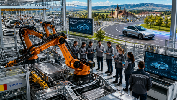 A dynamic, high-angle shot of a modern automotive factory floor in Romania. In the foreground, robotic arms are assembling car components with precision. In the mid-ground, a diverse group of engineers and technicians are collaborating, some looking at tablets, others observing the production line. In the background, a sleek, futuristic electric vehicle is being tested on a track. The scene should convey innovation, technology, and growth. Include subtle elements representing Romanian culture or landscape in the far background (e.g., distant mountains or traditional architecture). Use a vibrant, optimistic color palette with strong contrasts. High detail, cinematic lighting, 8K resolution.