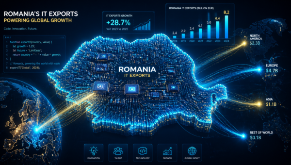 A futuristic 3D digital visualization representing Romania's IT exports as a growth engine: a glowing holographic map of Romania composed of intricate circuit board patterns and microchips, with luminous blue and gold data streams flowing outward toward global destinations, surrounded by floating UI elements, code snippets, and ascending bar charts symbolizing economic growth, modern corporate technology aesthetic, clean dark gradient background, professional editorial quality, ultra-detailed render, cinematic lighting
