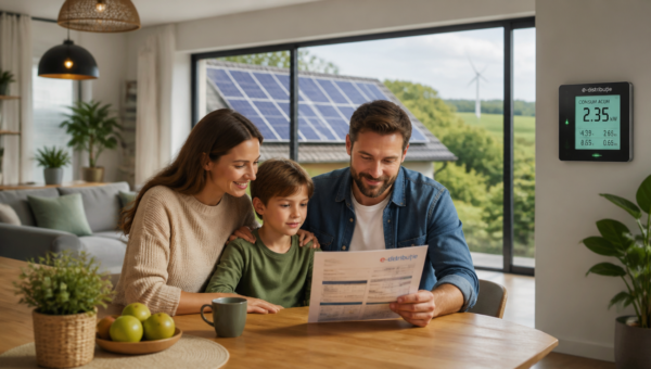A modern bright Romanian household living room with large windows overlooking solar panels on the rooftop, a stylish family reviewing an electricity bill at a wooden dining table, soft natural daylight, a visible digital smart meter on the wall showing energy consumption, a small wind turbine visible in the distant green landscape, clean contemporary interior design with warm earth tones, photorealistic, high resolution, professional editorial photography style, shallow depth of field, warm inviting atmosphere