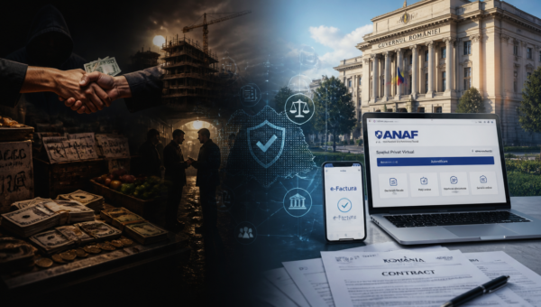 A conceptual image illustrating the informal economy. On one side, a shadowy, intricate network of unrecorded transactions and cash exchanges, possibly with hands exchanging money discreetly. On the other side, a more structured, transparent system with digital interfaces, government buildings, and official documents, symbolizing state efforts to combat it. Use a split composition or overlapping elements to show the contrast. Include subtle Romanian cultural elements if possible, but keep it universal. High contrast, realistic, slightly dramatic lighting, professional photo quality.
