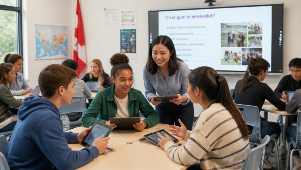 A vibrant, modern classroom scene with diverse students actively engaged in a foreign language lesson. They are interacting with digital tablets, speaking in small groups, and using interactive whiteboards. The teacher facilitates the discussion. The overall atmosphere is dynamic, collaborative, and forward-thinking, reflecting globalized education and multiculturalism. High quality, realistic photo, bright lighting.