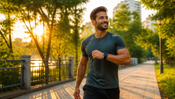 A modern fitness enthusiast walking confidently on a scenic urban park pathway during golden hour, wearing stylish athletic wear and a smartwatch displaying step count, surrounded by lush green trees and soft sunlight filtering through leaves, motivational and healthy lifestyle atmosphere, dynamic composition with the person mid-stride, warm cinematic lighting, photorealistic, high resolution 4K, vibrant colors, depth of field