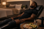 A professional, high-quality photorealistic image of a fit athlete resting in a modern, minimalist fitness recovery lounge. The athlete is lying down with eyes closed, wearing sportswear, with soft ambient lighting and a tranquil atmosphere. Nearby, elements that visually represent the article topics: a neatly made bed in soft tones in the background symbolizing sleep recovery, a balanced plate of protein-rich foods (chicken, avocado, eggs) symbolizing nutrition, and a modern massage gun or compression therapy device on a side table symbolizing modern recovery techniques. Warm color palette, shallow depth of field, magazine editorial style, 4K resolution, cinematic lighting.