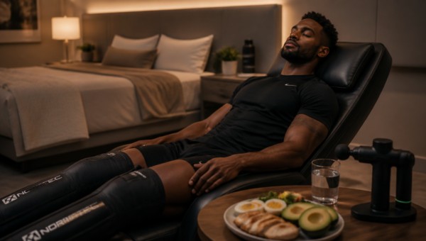 A professional, high-quality photorealistic image of a fit athlete resting in a modern, minimalist fitness recovery lounge. The athlete is lying down with eyes closed, wearing sportswear, with soft ambient lighting and a tranquil atmosphere. Nearby, elements that visually represent the article topics: a neatly made bed in soft tones in the background symbolizing sleep recovery, a balanced plate of protein-rich foods (chicken, avocado, eggs) symbolizing nutrition, and a modern massage gun or compression therapy device on a side table symbolizing modern recovery techniques. Warm color palette, shallow depth of field, magazine editorial style, 4K resolution, cinematic lighting.