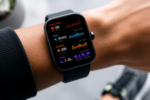 Close-up high-quality photograph of a modern smartwatch on a person's wrist displaying fitness metrics including heart rate graph, step counter, calorie tracker, and sleep stages chart, soft natural lighting, shallow depth of field, minimalist background with subtle hints of an active lifestyle, ultra-realistic, professional product photography style, 4K resolution
