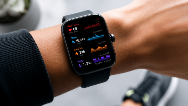 Close-up high-quality photograph of a modern smartwatch on a person's wrist displaying fitness metrics including heart rate graph, step counter, calorie tracker, and sleep stages chart, soft natural lighting, shallow depth of field, minimalist background with subtle hints of an active lifestyle, ultra-realistic, professional product photography style, 4K resolution